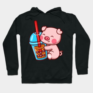 Cute Pig With Bubble Milk Tea Cartoon Hoodie